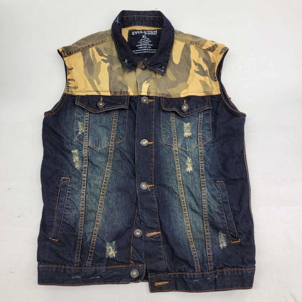 Evolution in Design Men's Sz‎ XL Distressed Denim Camo Button Vest Jacket NWOT